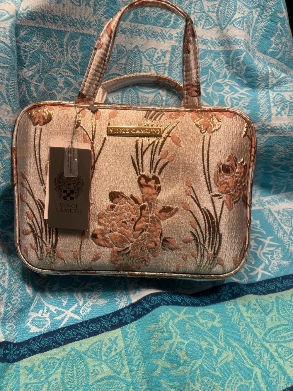 Vince Camuto Blush and Gold Floral Jacquard Cosmetic Case